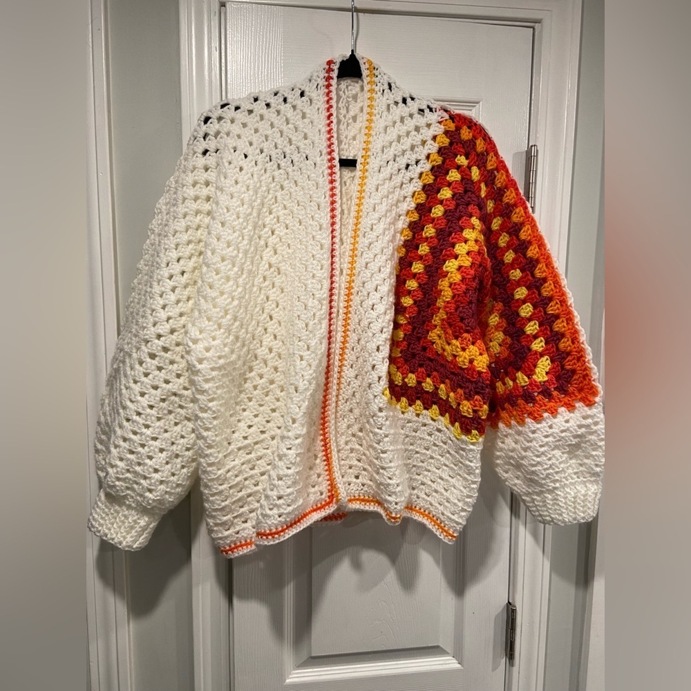 Handmade Crochet Granny Square One Size Cozy Cardigan Boho Chunky Knit Sweater